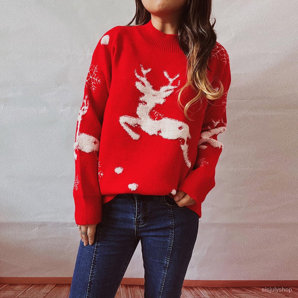 #Sisjuly# Wanita Pohon Natal Fawn Meriah Lengan Panjang Crew Leher Rajut Pullover Tahun Baru Natal S