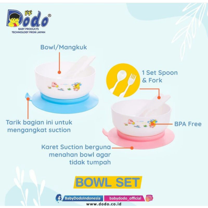 Dodo Bowl Set Mangkok Set Bayi Anti Tumpah (Mangkok + Sendok + Garpu + Alas Karet) BPA Free Mangkuk Bayi