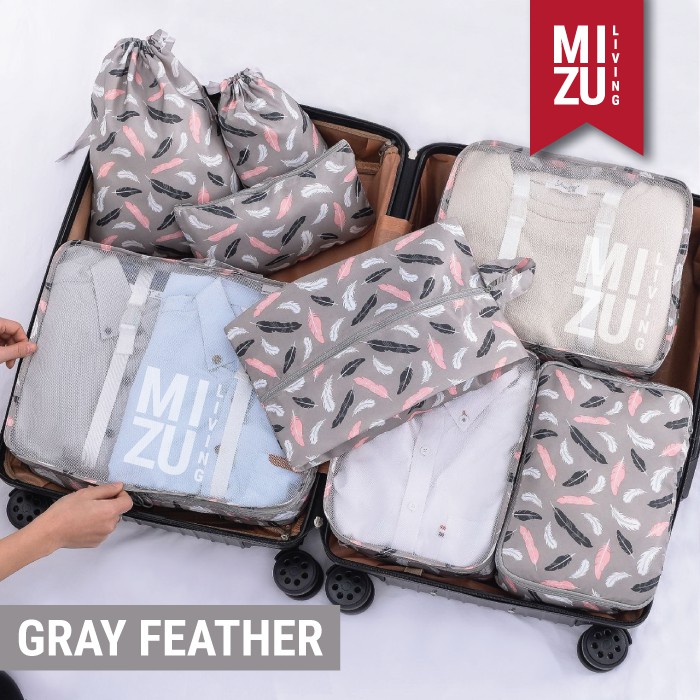 SECRET POUCH Travel Packing Cubes 8in1 Bag Organizer Tas Koper MOTIF-GRAY Feather