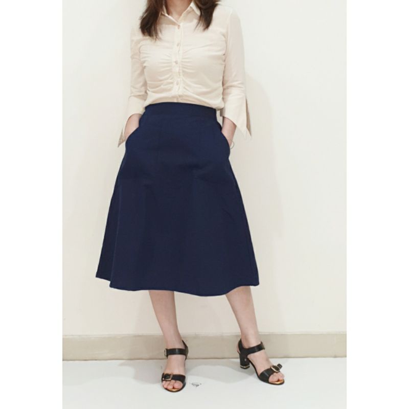Rok Wanita Midi Skirt Katun Polos Model A Line Panjang 7/8, Alena Skirt#-6