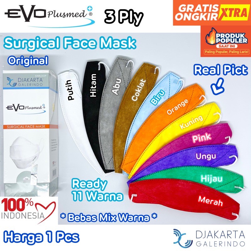 Masker Evo Plusmed 3 Ply  Surgical Face Mask Kemenkes Merah Putih