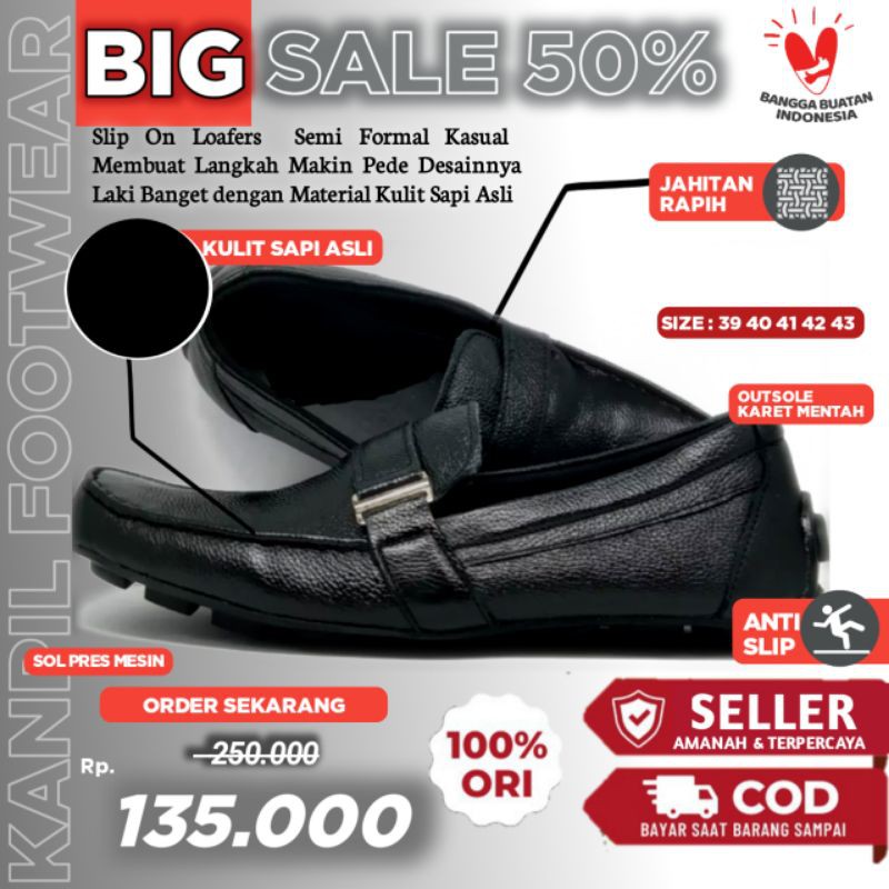 Sepatu Pria Slip On Mules Velcro Hitam Kulit Sapi Asli | Sepatu Selop Pantofel Kasual Formal Kerja K