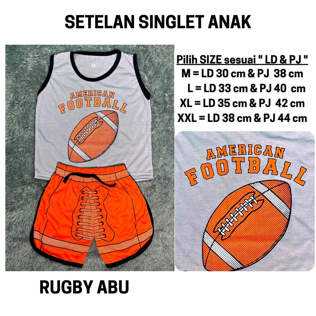 Setelan Anak Laki Laki Baju Kutung Stelan Lekbong Cowok Bola Basket Kaos Singlet Cowo Murah Harian Celana Pendek 3 4 5 6 Tahun Kode 101-101 RUGBY ABU