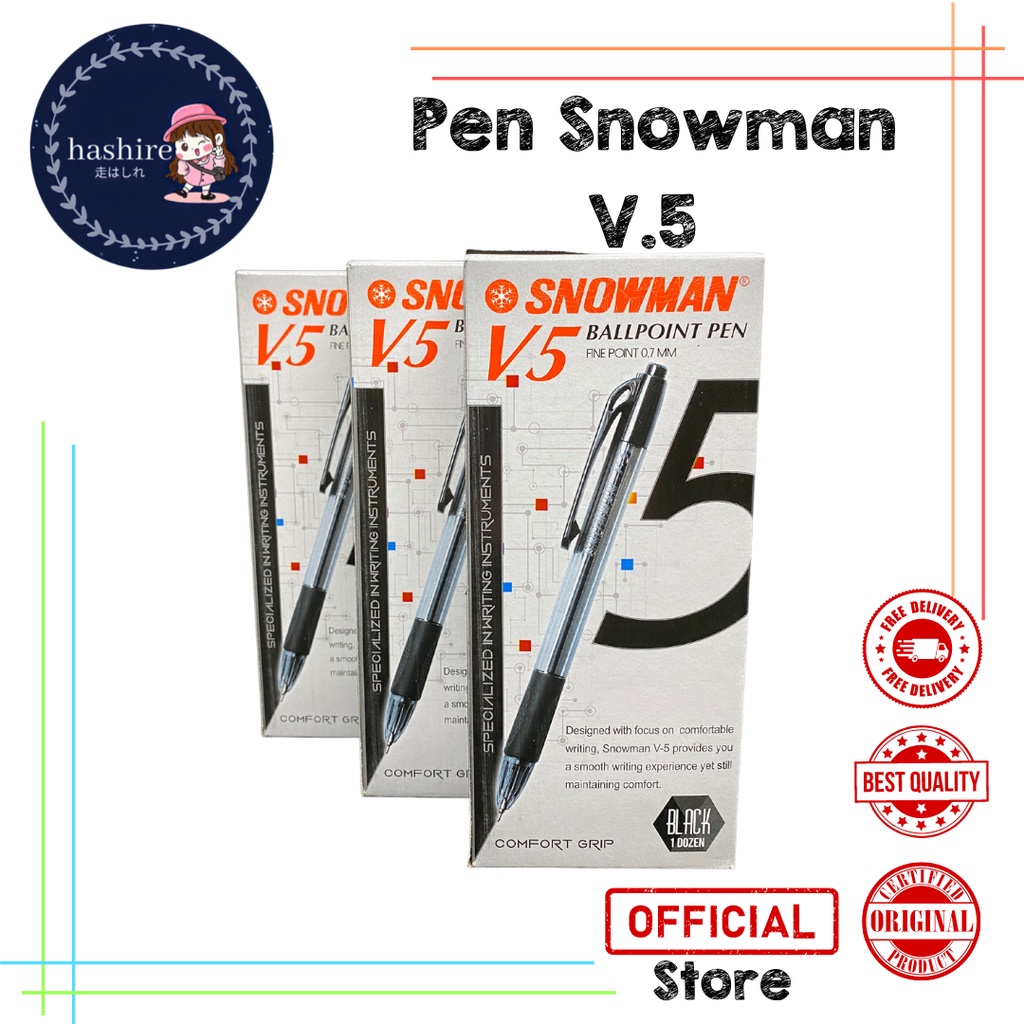 12pc Pulpen Snowman V5 Hitam / Ballpoint Snowman V5 Cetek Asli