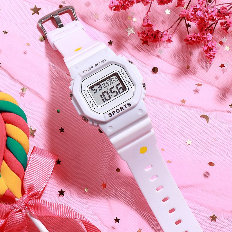 Jam Tangan Wanita Fashion Korea Style Digital Sport / Jam Tangan Strap Rubber Untuk Wanita-44-8 Putih Bunga