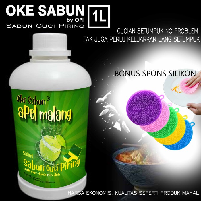 Sabun Cuci Piring 1 Liter Apel malang dll bonus Spons Silicon cantik New Formula sudah ada izin edar resmi by Oke sabun suplayer