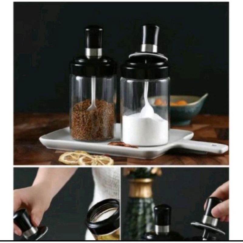 Botol Bumbu Kaca Tempat Rempah-Rempah Dapur Free Sendok