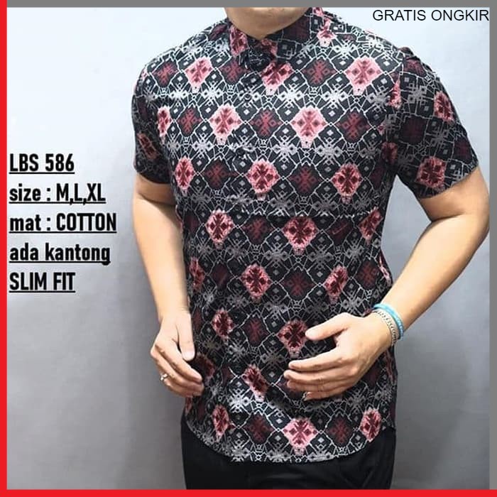 KEMEJA PRIA BATIK LENGAN PENDEK HEM BAHAN KATUN HALUS 40S LBS 586 BAJU MODERN MEWAH SLIMFIT SLIM FIT BY PENDEK JAKARTA PLATINUM