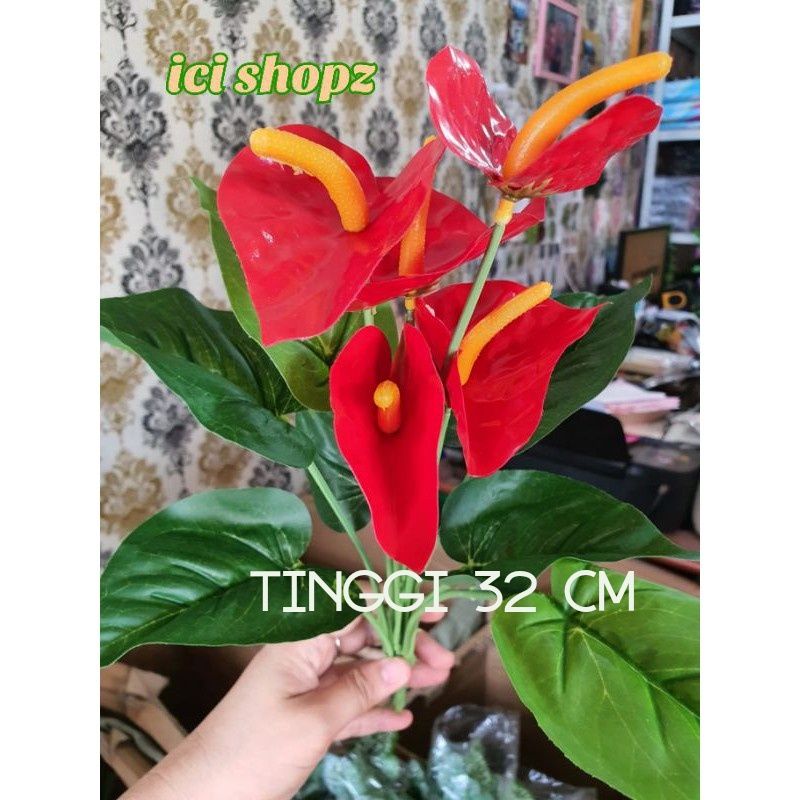 Bunga Anthurium Artificial / Bunga Hias / Bunga Plastik Mirip Asli-TINGGI 32 CM