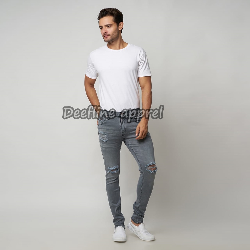 Deefline - Celana Jeans Pria Skinny Slimfit Ripped Jeans ABU MUDA