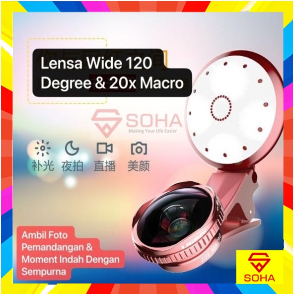 LNZ-006 Lensa Kamera Universal Use 3 in 1 + Ring Light Lampu Recharge able Hasil Wide &amp; 20xMacro