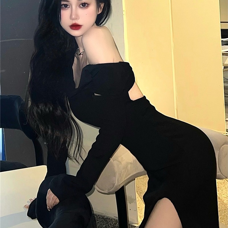 Red Panjang rok hitam rok musim semi gaun baru chic lurus bahu manis hot dress wanita