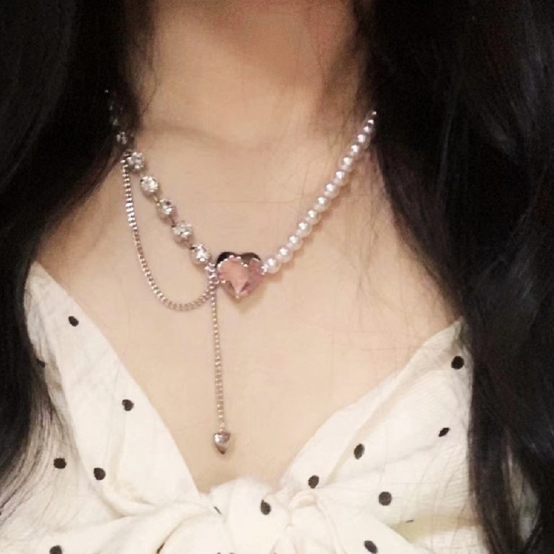 Kalung Rantai Klavikula Model Rumbai Lapis Ganda Bentuk Hati Warna Pink Peach