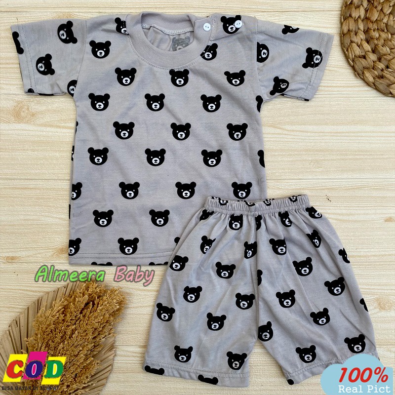 Setelan Baju Bayi Piyama Bayi Lengan Pendek Kancing Bahu Motif Karakter Usia 3-12 Bulan Almeera Baby and Kids