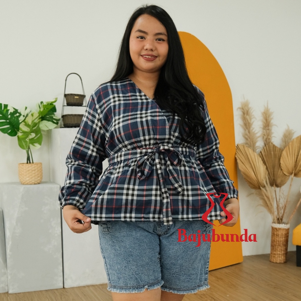 ATASAN WANITA JUMBO BLOUSE BIG SIZE LENGAN PANJANG KOTAK BAJUBUNDA TOKYO