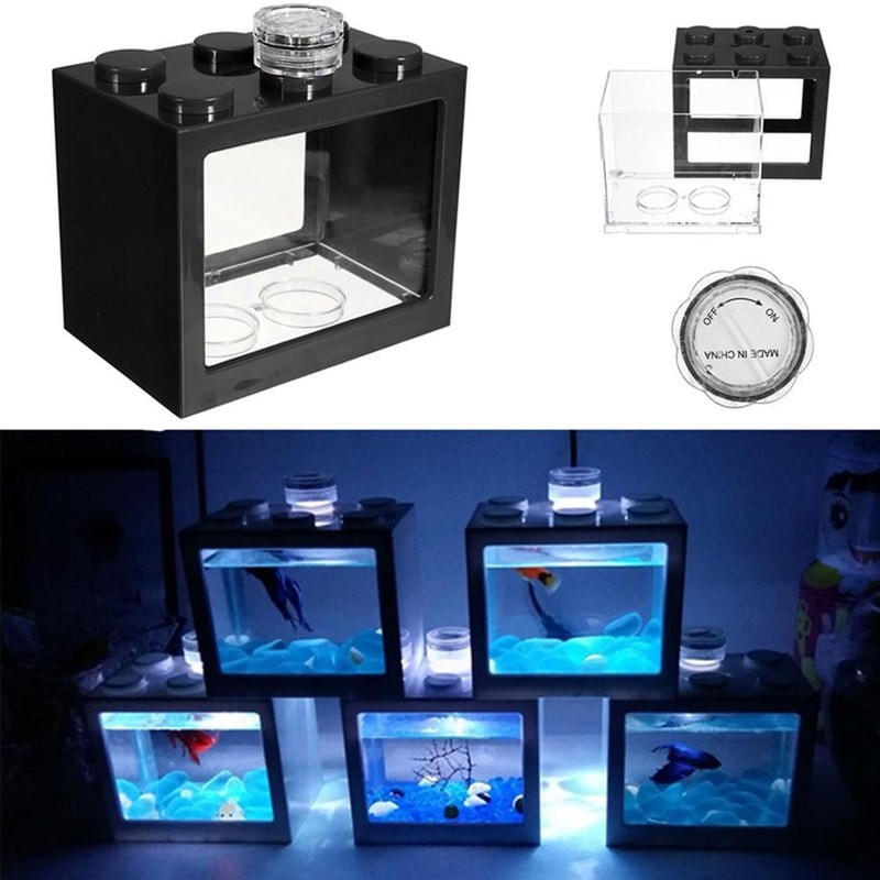 Aquarium Mini Ikan Cupang Lego Tempat Ikan Merk TOPINCN Lego Block with Colorful LED - TOP5 - Black