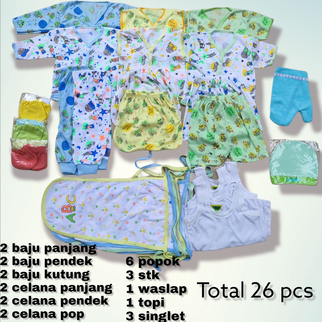 Perlengkapan bayi lahir lengkap /Paket 1 lusin BAJU BAYI SNI/ paket perlengkapan bayi 40 pcs / Grosir baju bayi newborn/ singlet bayi / waslap bayi /gurita bayi/ Baju newborn/ popok bayi-26 pcs Netral