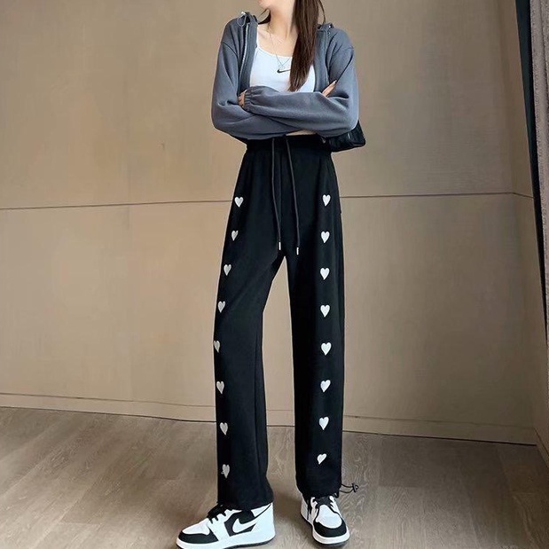 [littlecrab] Celana Panjang Motif Love Bordir Putih Biru Hitam Abu Loose Pants Hati Mini Celana Kasual Karet Training Simple Polos Unik Berkualitas Korean Style