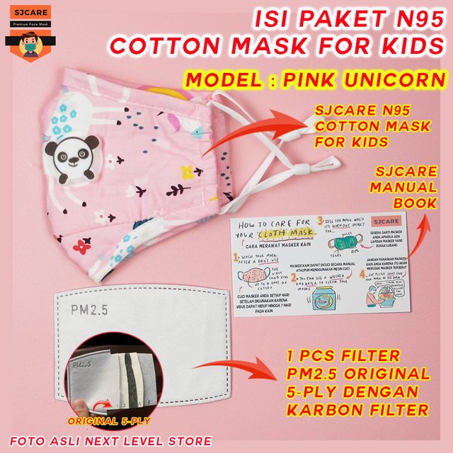 SJCare Masker Anak Premium Kids Katup Respirator FREE FILTER PM 2.5 - Pink Unicorn