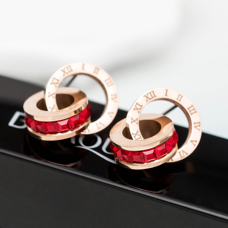 Anting Stud Titanium Korea Style Wanita Anti Karat Model Roma Cincin Mata Merah