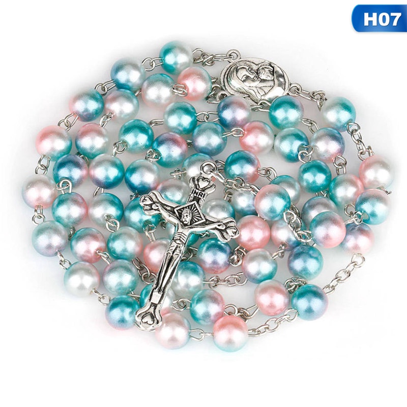 Fashion Bead Glass Pearl Catholic Christian Cross Catholic Rosary Necklace Gifts