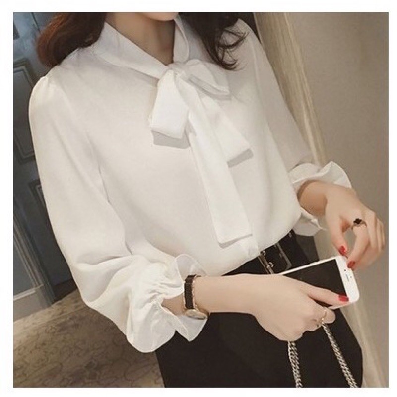 [FANYA]Blouse wanita  import lengan panjang kerah pita-Putih