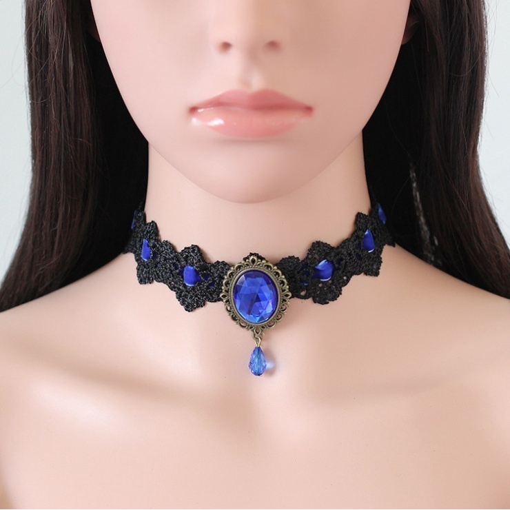 Kalung Choker Bahan Velvet Lace Dengan Liontin Batu Permata Untuk Wanita