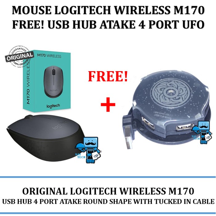 Mouse Logitech Wireless M170 FREE Usb Hub Atake 4 Port UFO RoundShape