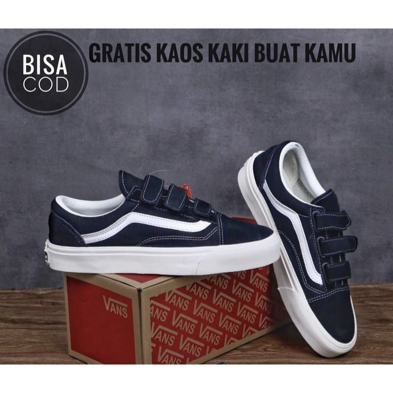 SEPATU VANS OLD SKOOL BLACK WHITE VELCRO OG SEPATU PRIA SEPATU WANITA SEPATU TANPA TALI