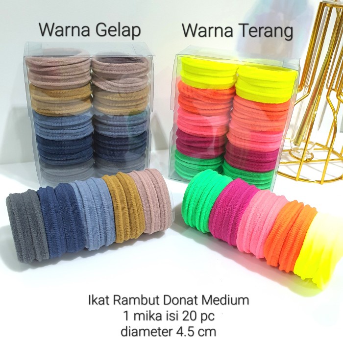 Ikat Rambut Donat isi 20 Pcs Karet Elastis Polos Korea Free BOX MIKA