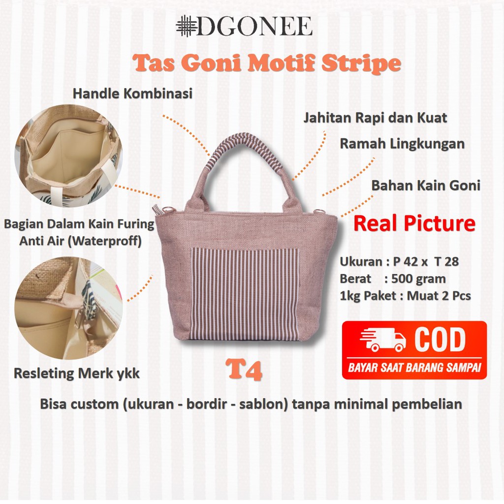Dgonee T4 Motif Stripe Tas Tote Bag Totebag Kain Goni Belanja Kerja Kuliah Wanita Custom | T407