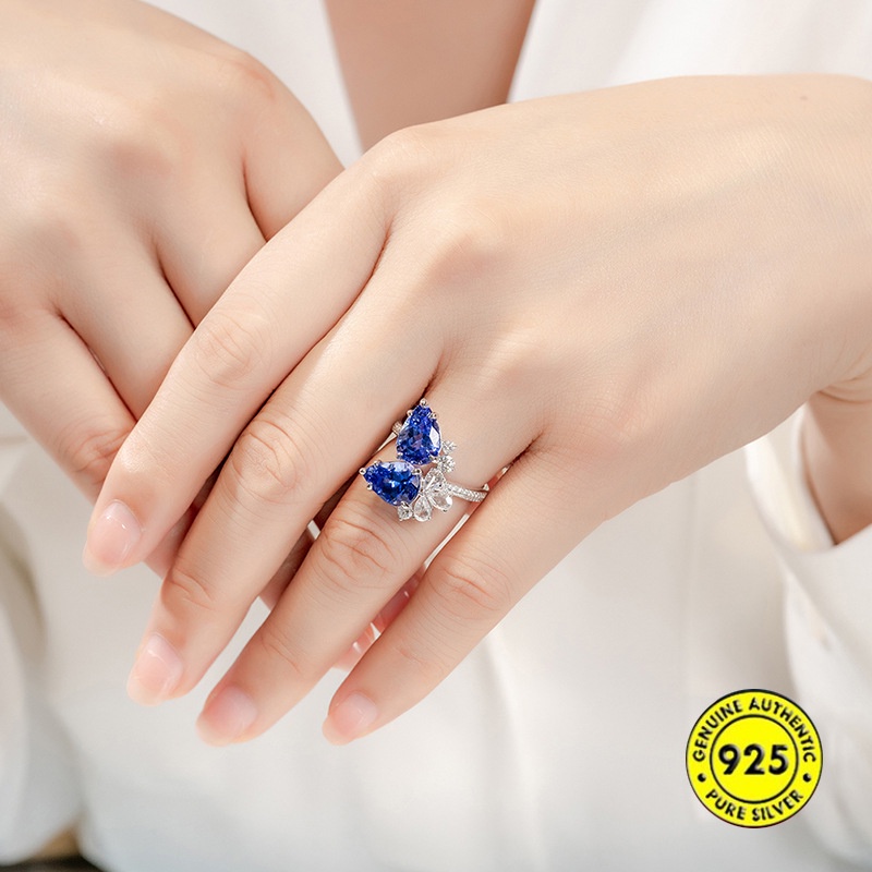 Cincin Berlian Sapphire Model Terbuka Dapat Disesuaikan Gaya Elegan Untuk Wanita