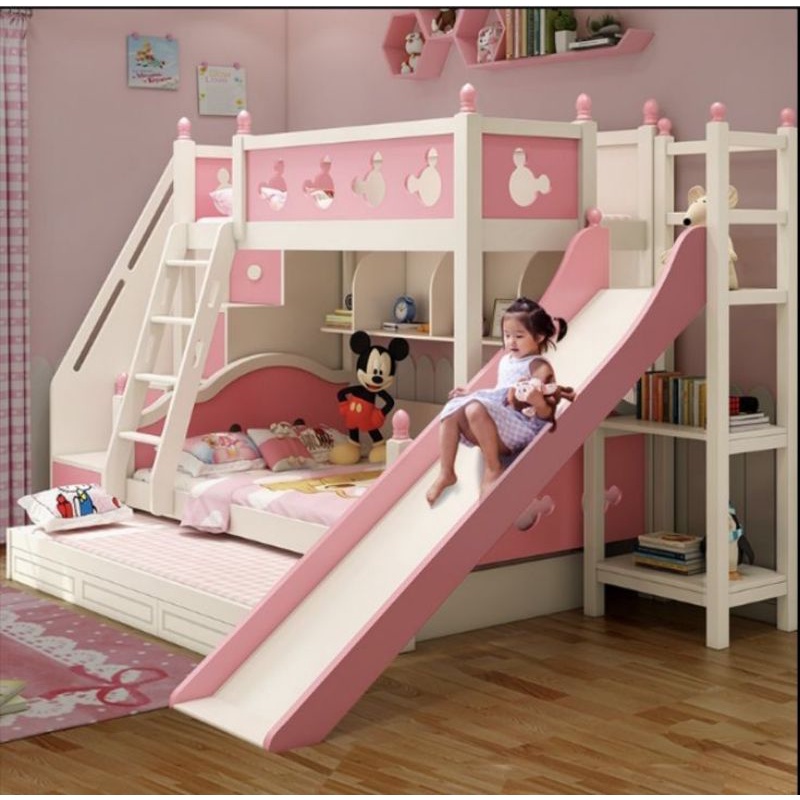 Bunk Bed Anak 3 Kasur Perosotan Warna Pink, Ranjang Tingkat Anak 3 Susun Prosotan