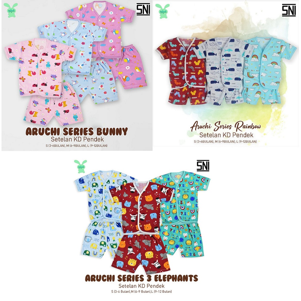 SALE Setelan Pendek Aruchi Motif Rainbow Elephant Deer Bunny Transport SNI NB S M L XL XXL bahan Lembut CBKS