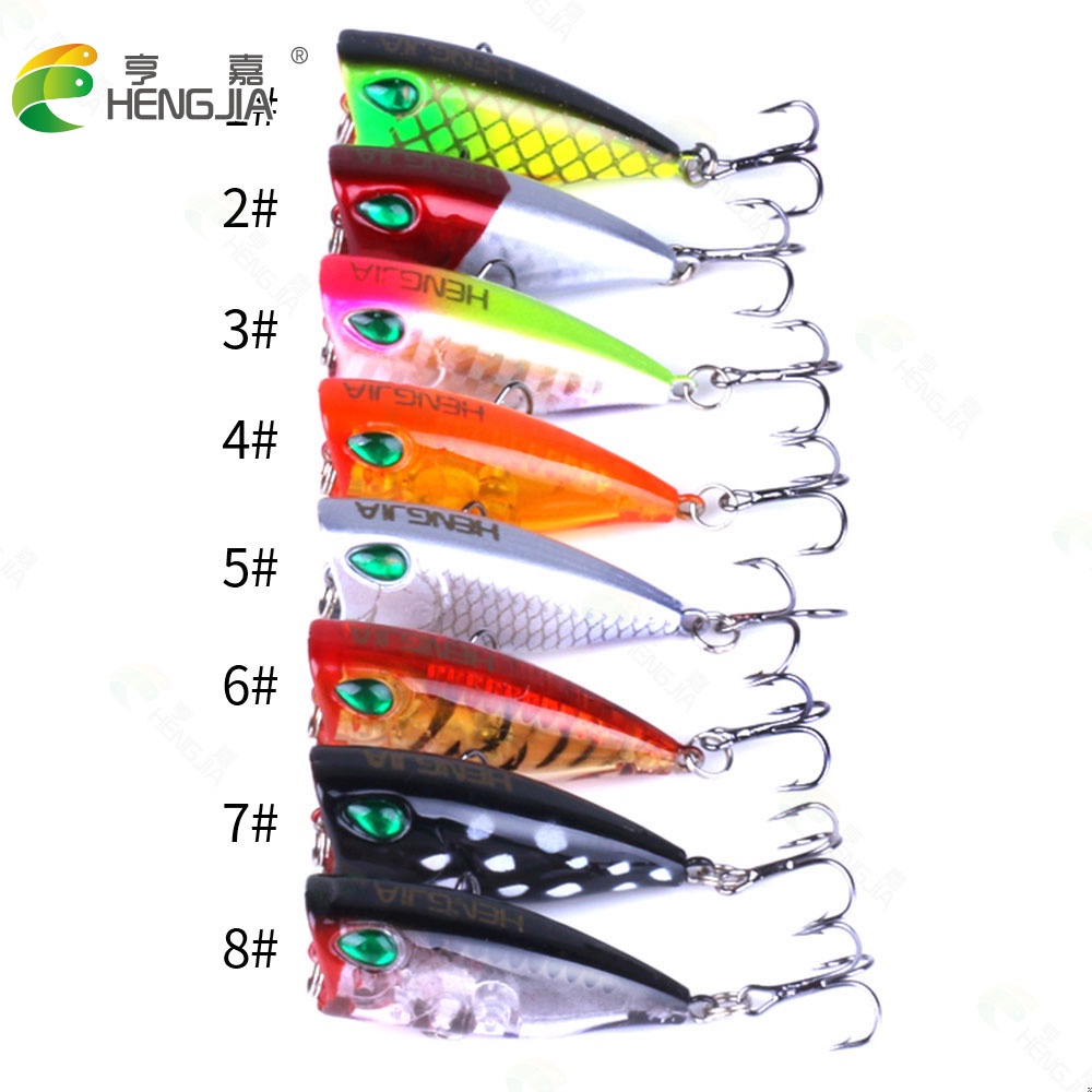 HENGJIA 8Pcs 4cm/3.2g Umpan Pancing Mini Popper Fishing Lure Swimbait Topwater Bass Ikan Bait Tackle