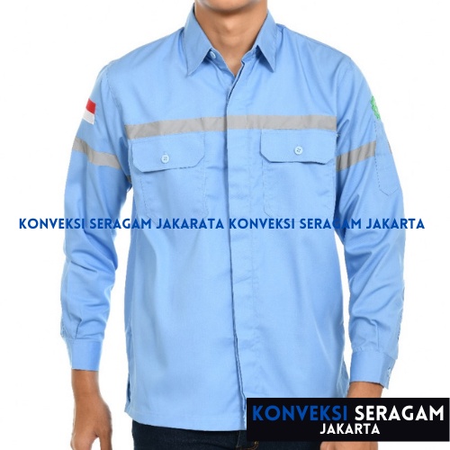 Baju Kemeja Safety K3 Lengan Panjang - Seragam Kerja Atasan Wearpack Werpack Werpak Proyek Tambang Warna Biru Telur Asin Muda Langit  Pria Wanita - Konveksi Seragam Jakarta