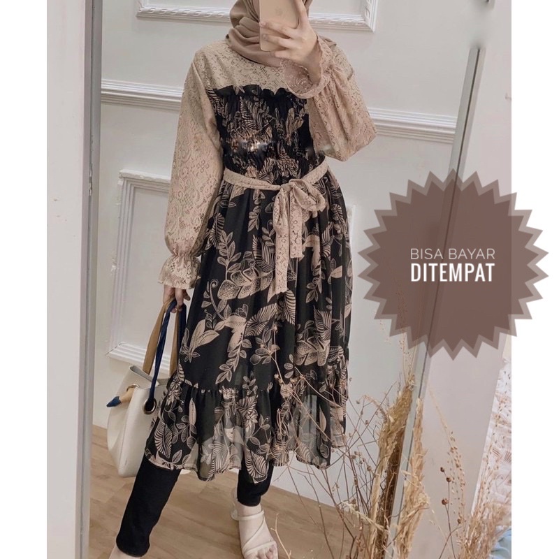 VELA TUNIK KOMBINASI BRUKAT BROKAT MOTIF FLORAL FASHION WANITA