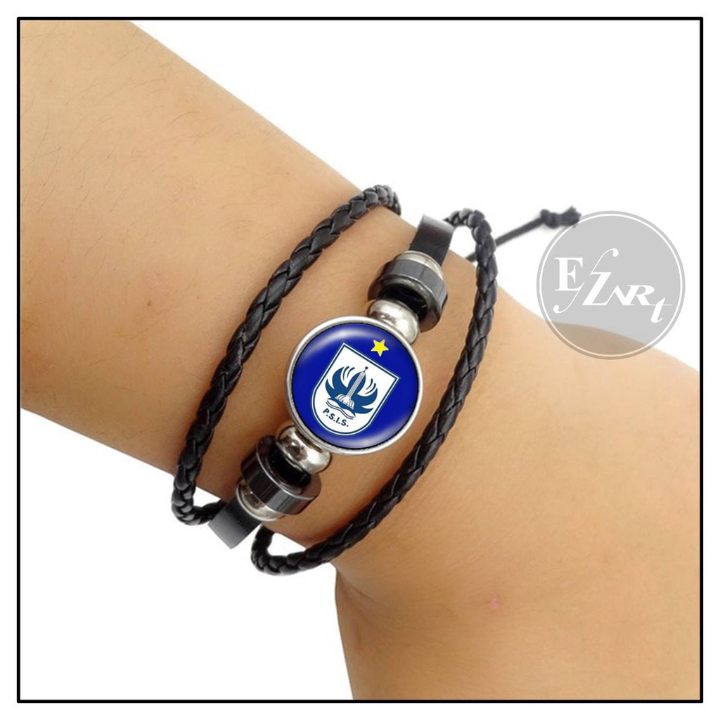 Gelang Custom Suporter PSIS Panser Biru Semarang Elegan Kulit Kepang Multilayer