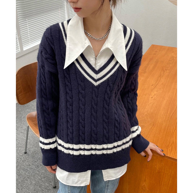 Kemeja biru retro high-end wanita angin dingin desain ritsleting kemeja niche atasan lengan panjang longgar sederhana