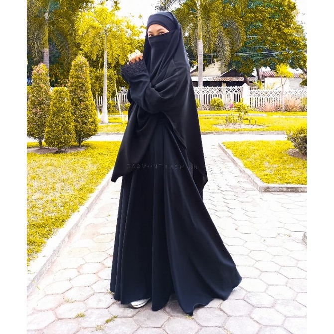 Dasmont Fashion Abaya Jetblack Hitam Pekat Basic Dress Payung Lebar 4 meter Renda Lengan Gamis Arab