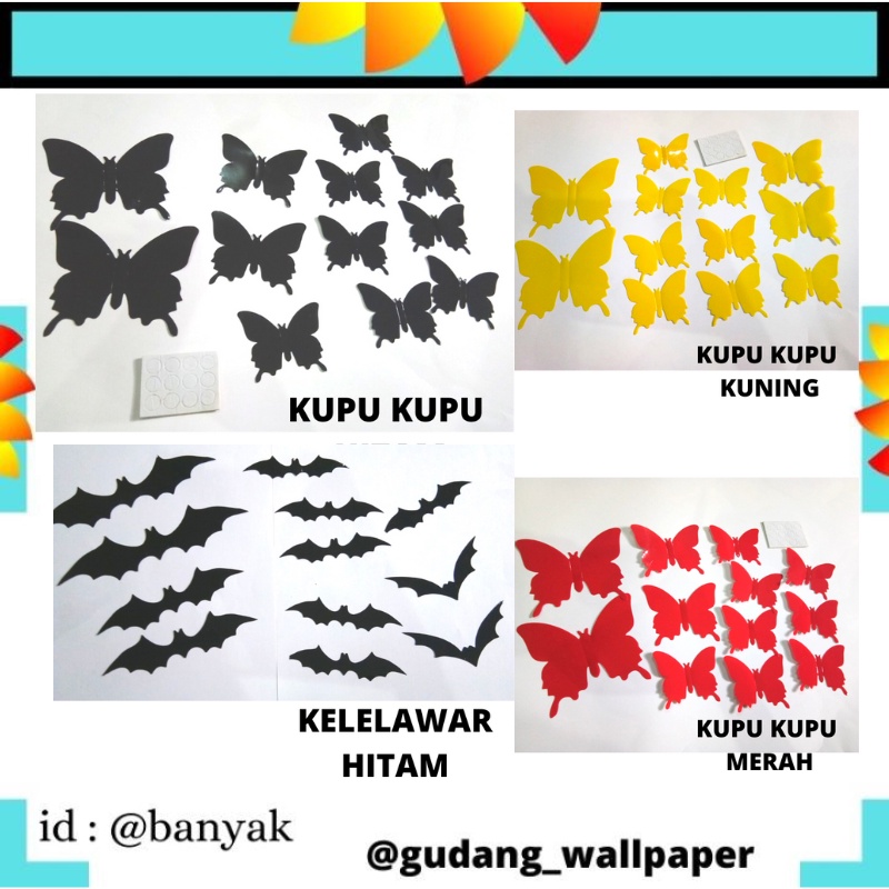 3D BUTERFLY DECORATION DEKORASI KELELAWAR HITAM BUTTERFLY MERAH KUNING PUTIH ABU ABU HITAM  FLOWER NO MAGNET KUPU KUPU HIASAN DINDING TEMPELAN TEMBOK TEMPEL KULKAS MEJA KACA KAMAR ANAK CEWEK PEREMPUAN MURAH BAGUS LUCU