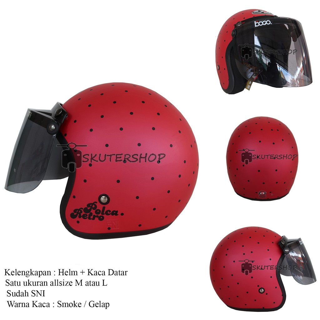 Skutershop JPN Helm Bogo Retro Klasik Polkadot Polca Retro Pink Doff Dot Hitam Kaca Datar Ori