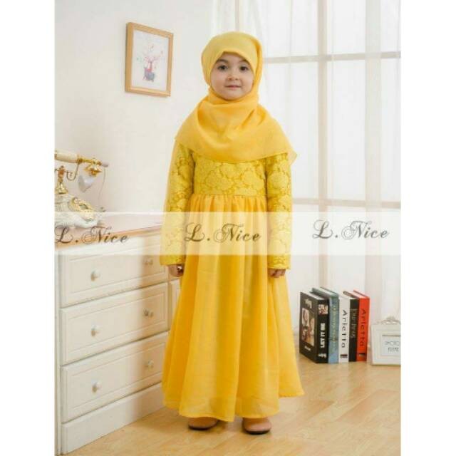 Gamis Anak LNice Brokat Yellow 1-6 thn Import