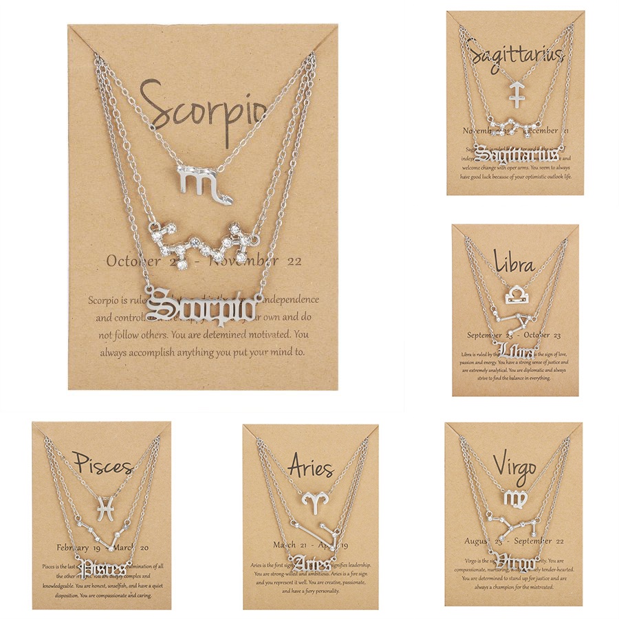 3 Pack Kalung Rantai Klavikula Hias Liontin 12 Rasi Bintang Warna Silver Untuk Hadiah