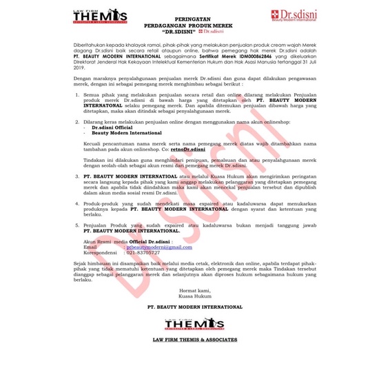 Peringatan Perdagangan Produk Merek Dr.sdisni