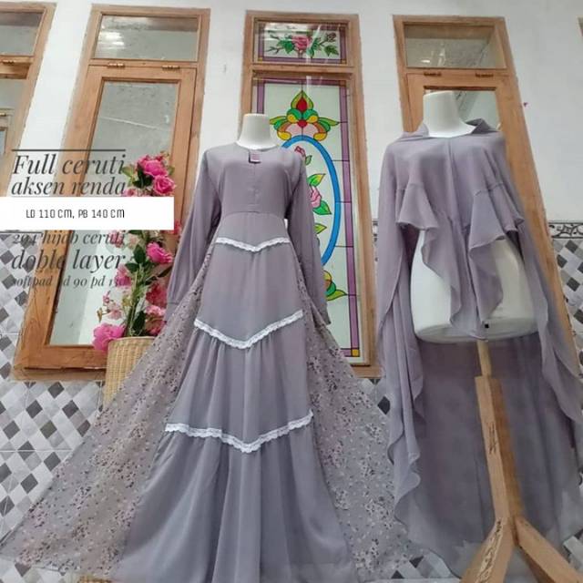 GAMIS SYARI MOTIF SET KHIMAR CERUTY  PRINTING BABYDOLL PREMIUM