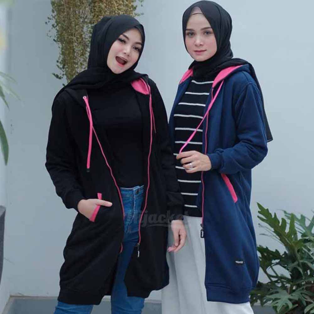 Jaket Jacket Polos Hoodie Panjang Wanita Cewek Hijabers Kekinian Hijacket Fashion Terbaru Hitam & Navy Pink