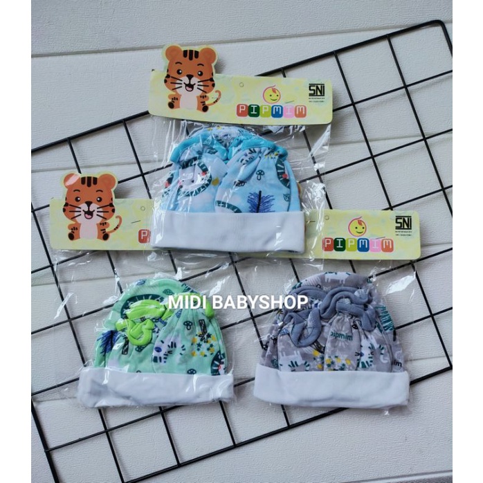 1 Set Topi dan Sarung Tangan Kaki Bayi Full Print Pip Mim SNI