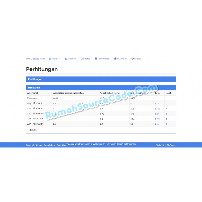 Source Code SPK Metode Profile Matching CodeIgniter