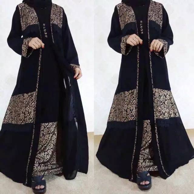 Gamis Muslimah Abaya Mewah Dahlia Hitam Dress Pesta Casual Bordir Emas Gold